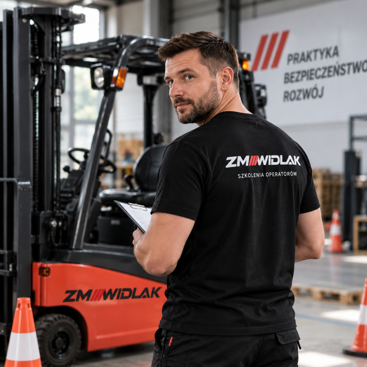 Instruktor ZM WIDLAK podczas szkolenia przy wózku widłowym